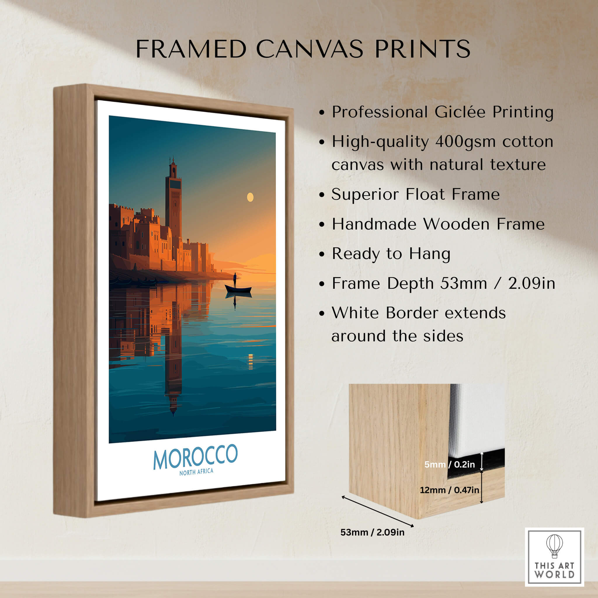 Morocco Poster | North African Cityscape Sunset Canvas Print in a wooden frame showcasing vibrant colors.