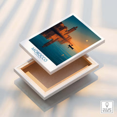 Morocco Poster | North African Cityscape Sunset Canvas Print displayed on a box with sunset reflection.