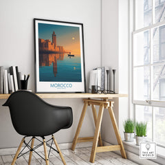 Morocco Poster | North African Cityscape Sunset Canvas Print displayed in modern home office with stylish decor.