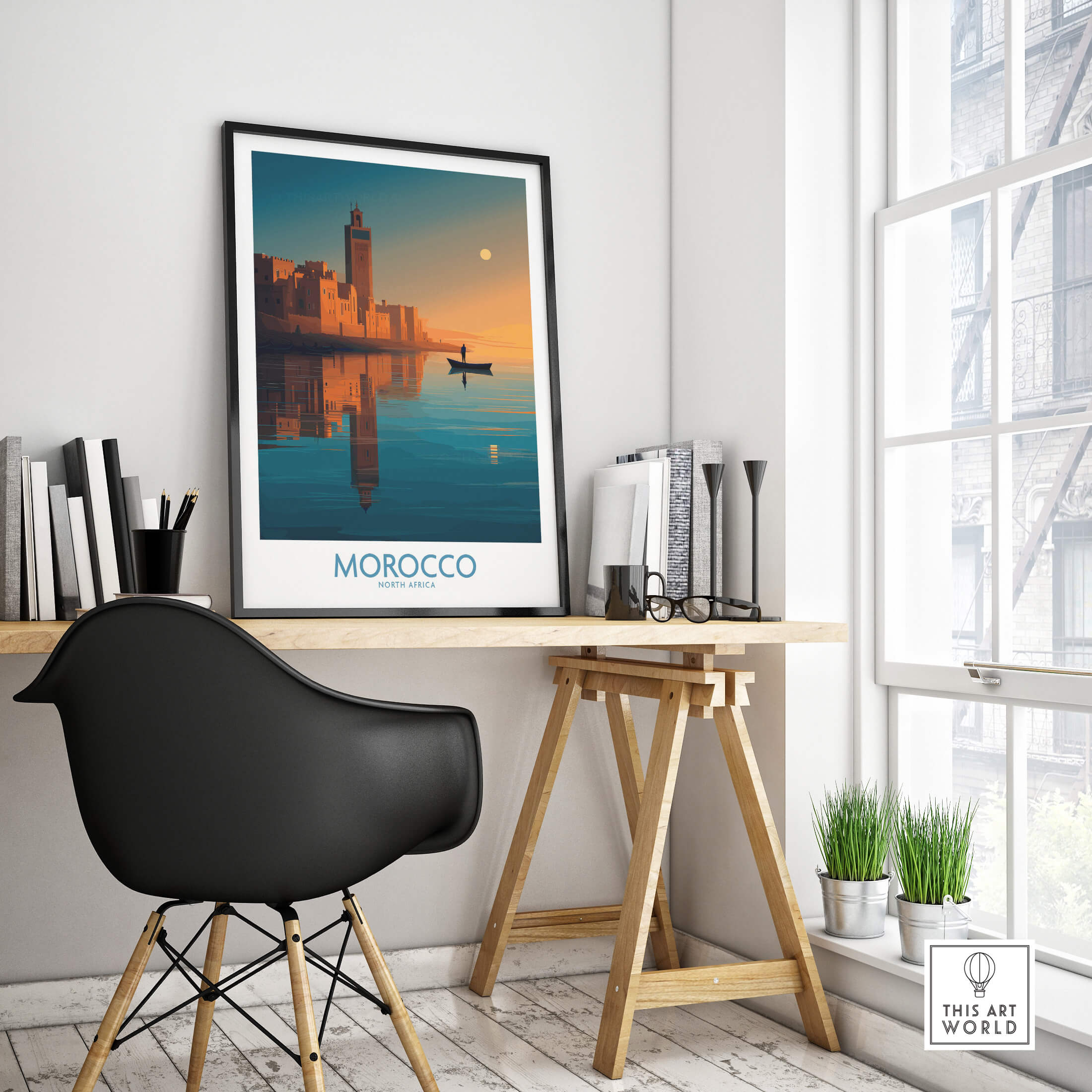 Morocco Poster | North African Cityscape Sunset Canvas Print displayed in modern home office with stylish decor.
