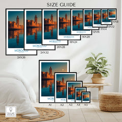 Morocco Poster | North African Cityscape Sunset Canvas Print size guide with various frame options for home decor.