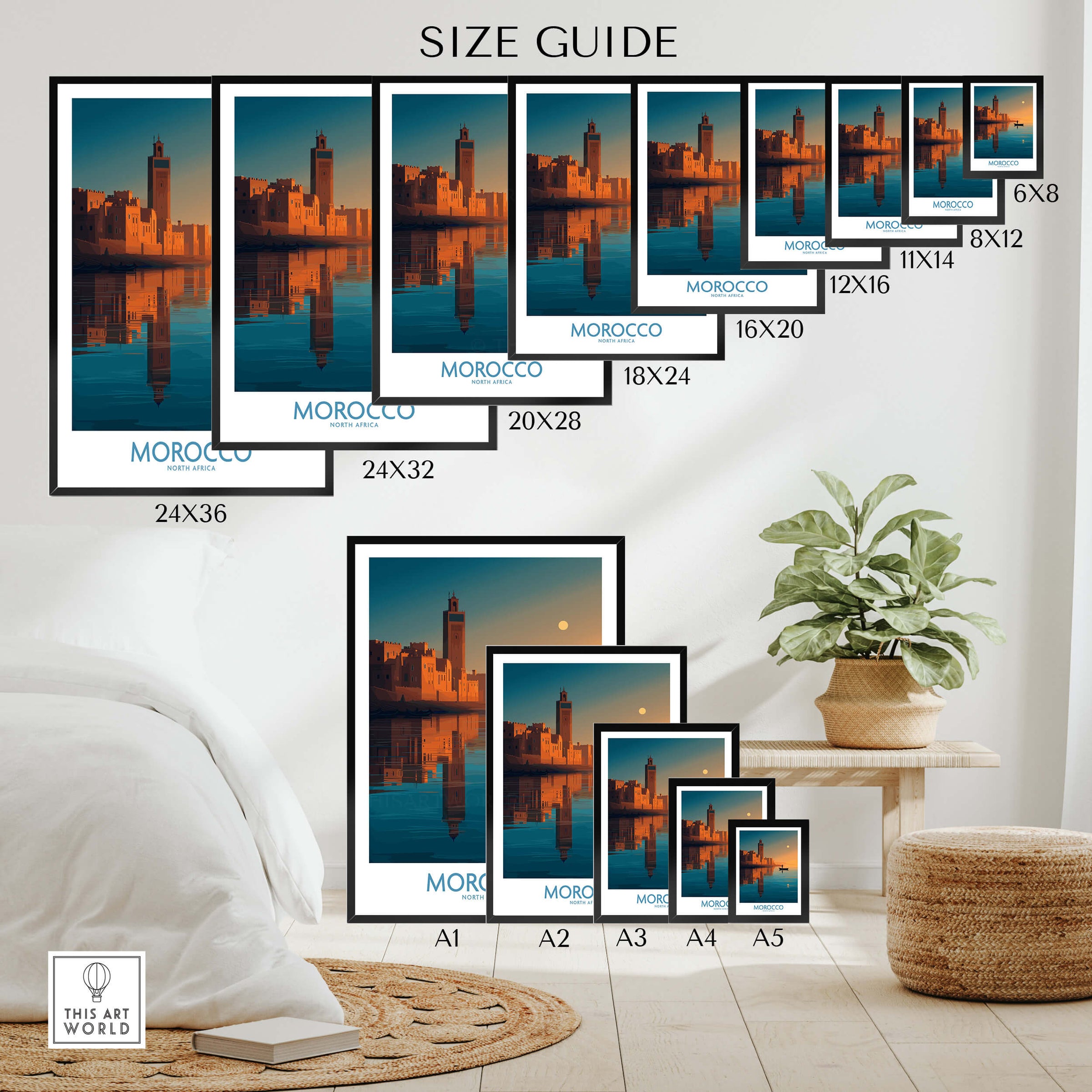 Morocco Poster | North African Cityscape Sunset Canvas Print size guide with various frame options for home decor.