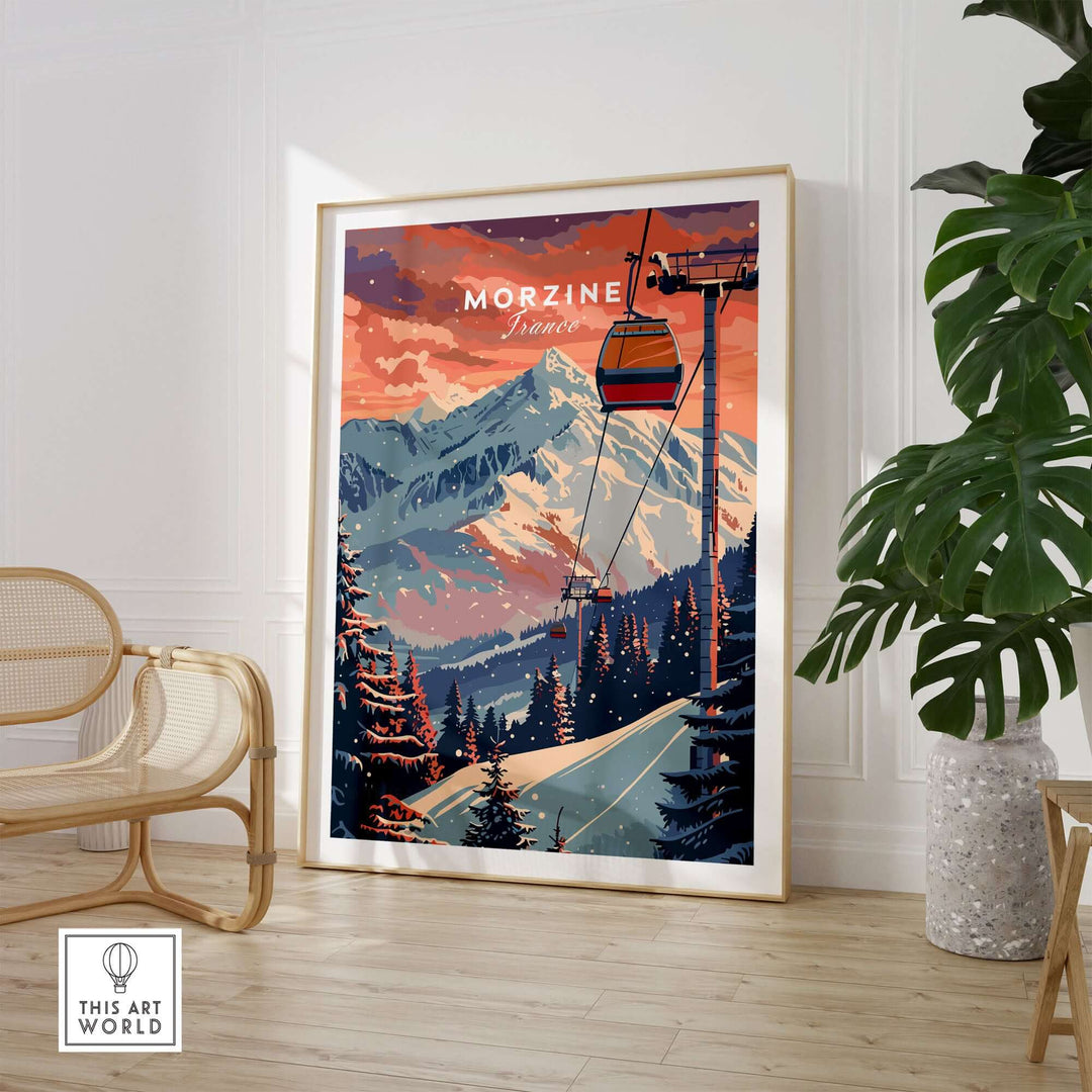 Morzine art print featuring ski lift and snowy mountain landscape, perfect for ski enthusiasts and winter decor lovers.