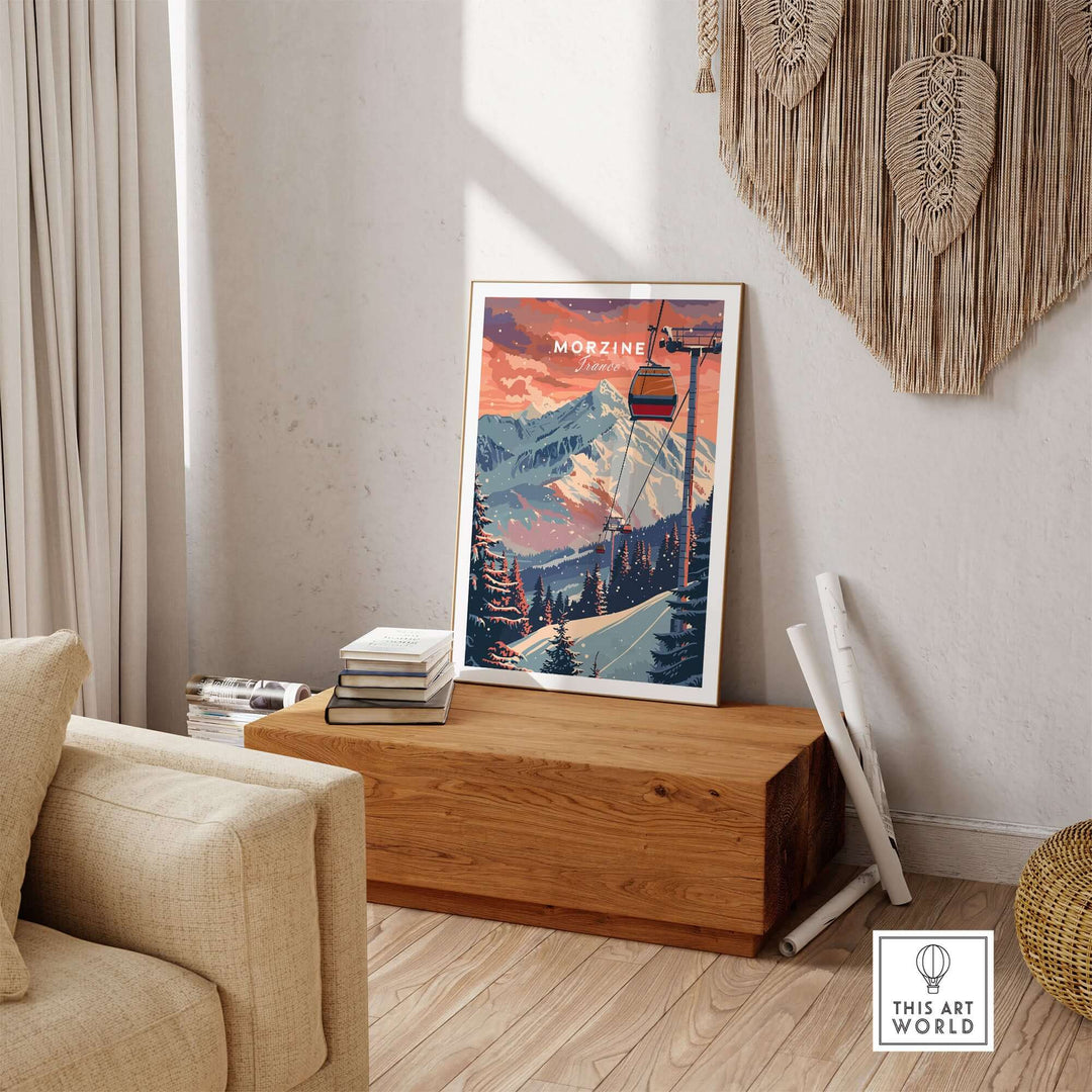 Vintage-style Morzine ski art print displayed in a cozy living room setting with rustic decor elements.