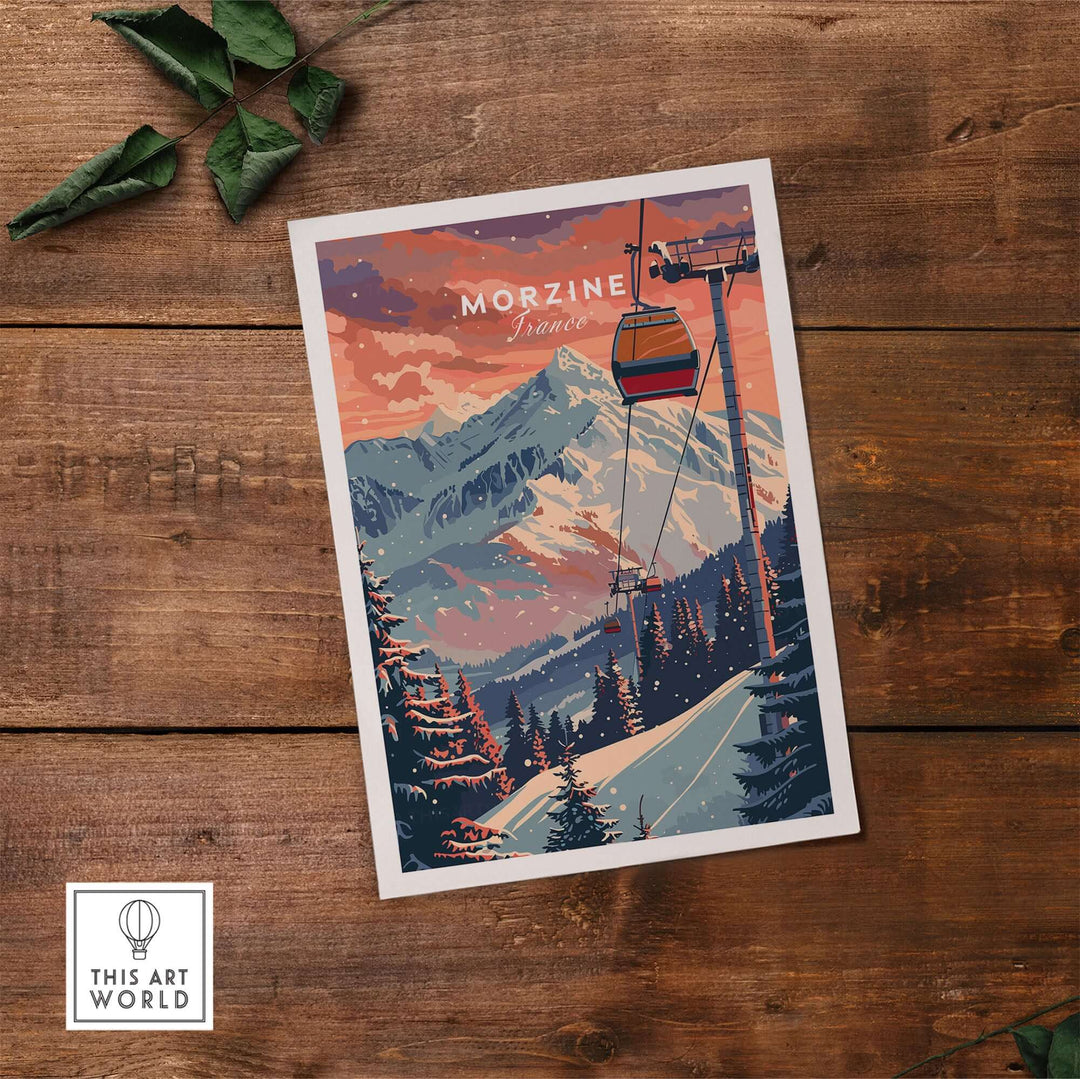 Morzine Art Print - Ski Poster on wooden table, showcasing snowy mountains and a ski lift at sunset.