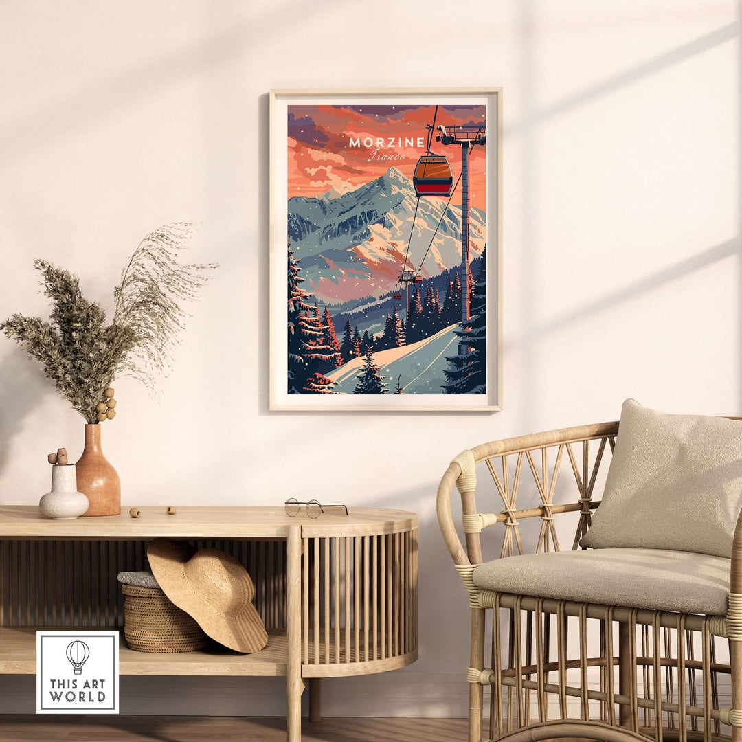 Morzine art print with ski poster design in modern living room, featuring mountain and cable car scene in vibrant colors.