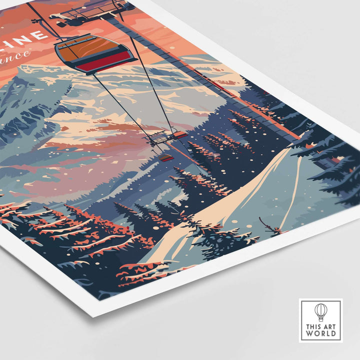 Vintage Morzine ski poster art print featuring a scenic mountain landscape with ski lifts and snowy trees.