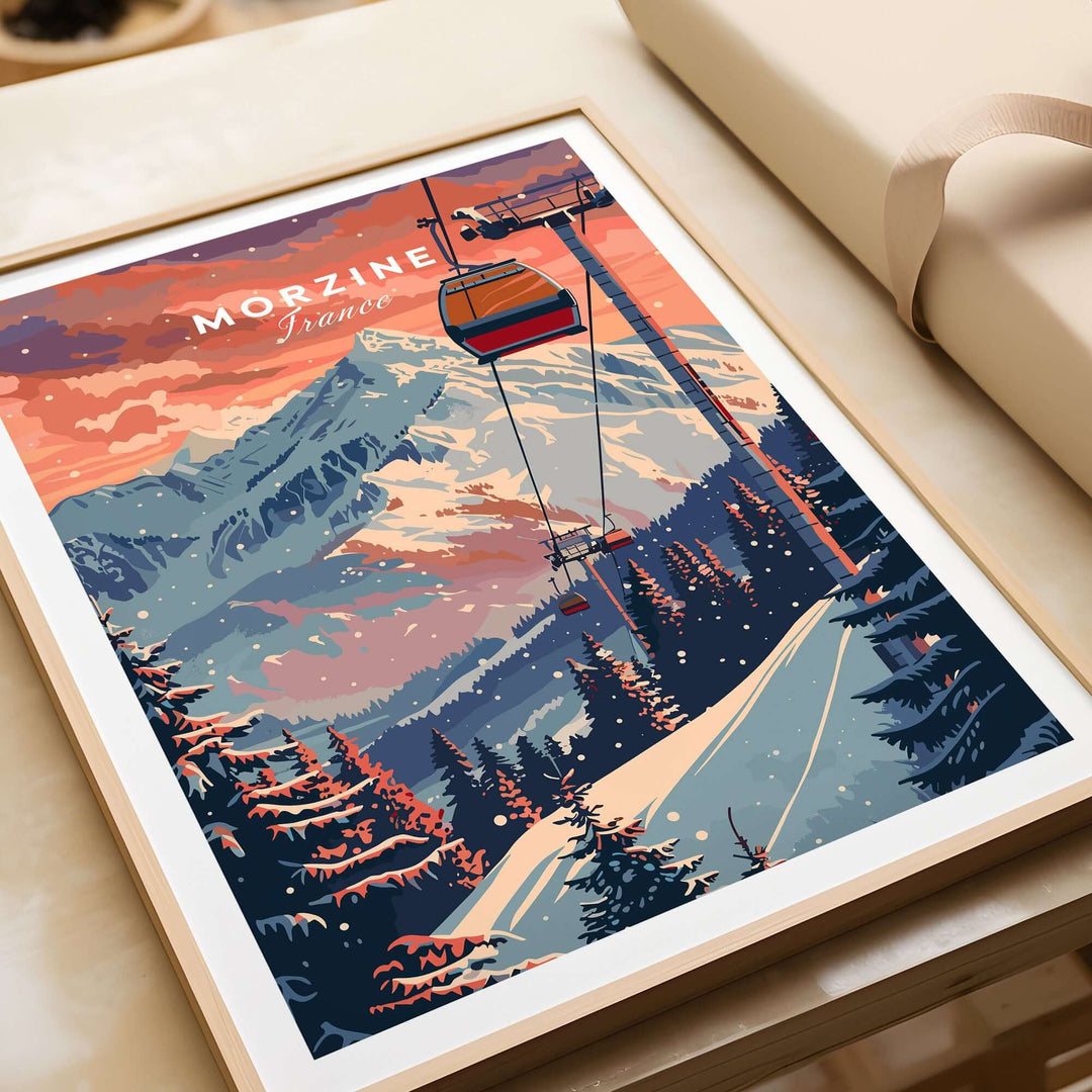 Ski poster of Morzine, France featuring a colorful art print with a cable car and snowy mountain landscape in a wooden frame.