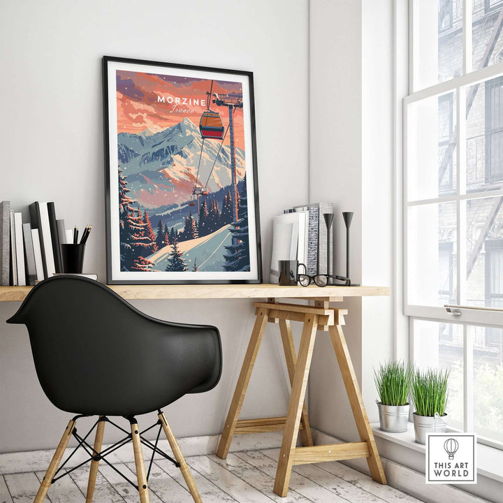 Morzine Art Print - Ski Poster displayed on a stylish home office desk with a black chair and window view.