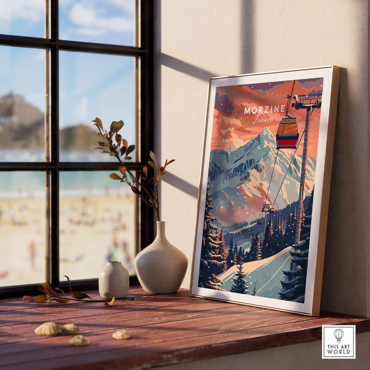 Morzine art print featuring a vintage ski poster with snowy mountains and a cable car, framed and displayed on a windowsill.