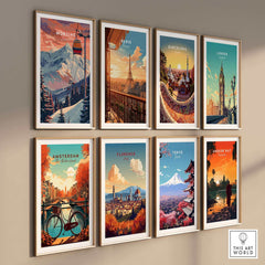 Gallery wall featuring various city art prints including Morzine, Paris, Barcelona, and more in a modern room setting.