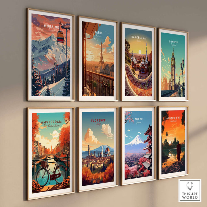 Gallery wall featuring various city art prints including Morzine, Paris, Barcelona, and more in a modern room setting.