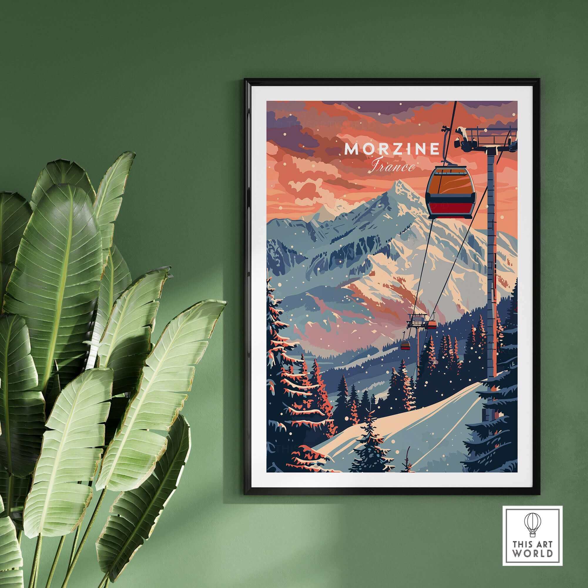 Morzine Art Print on green wall with ski lift and mountain scene. Vintage ski poster for decor enthusiasts.