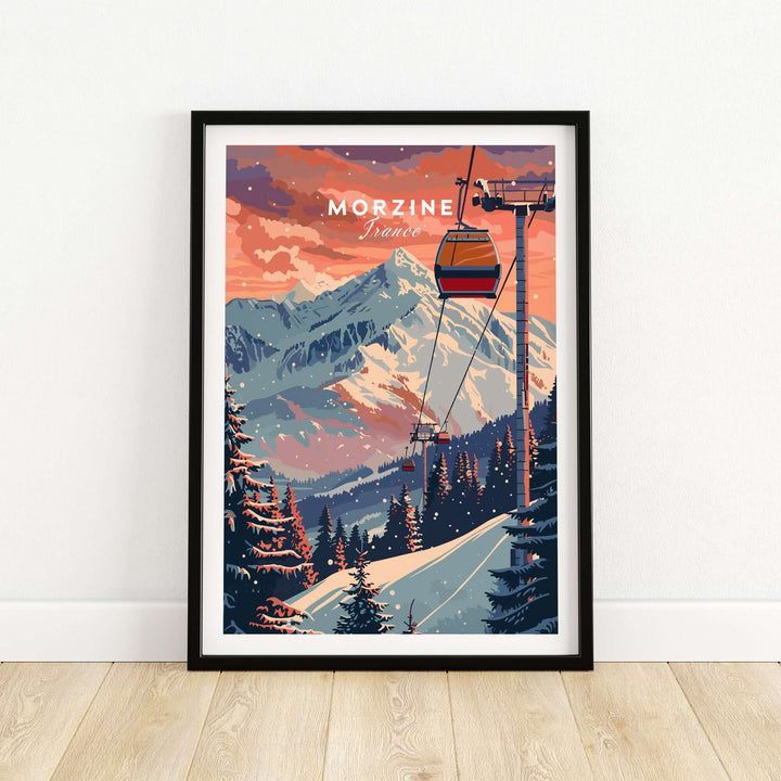 Morzine art print with ski lift, snow-covered mountains, and trees in a modern design framed poster.