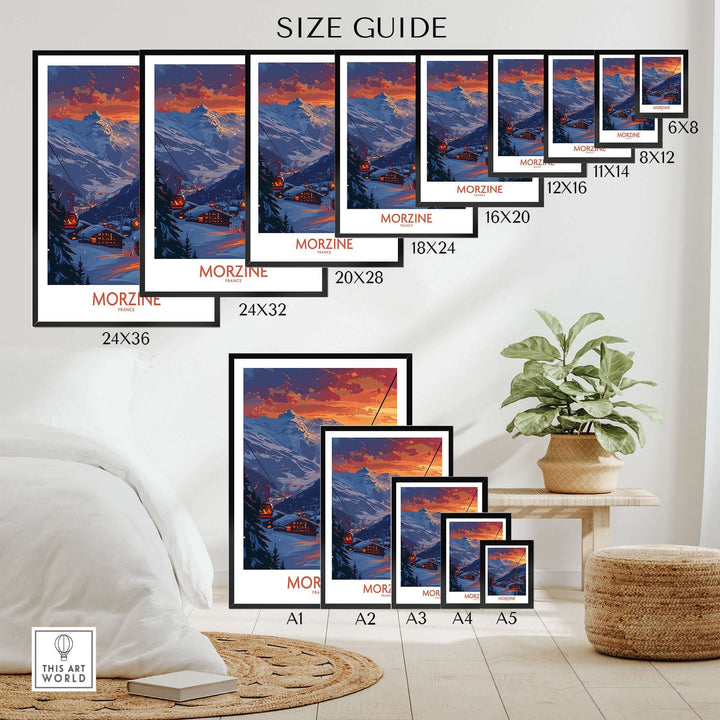 Morzine Poster France size guide displaying various options from 6x8 to 24x36 in a cozy room setting