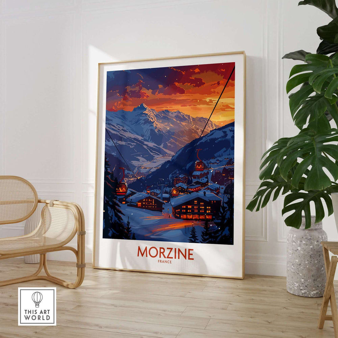 Morzine Poster France featuring a vibrant sunset over snowy mountains with cable cars and lit-up village houses, framed in a stylish interior.