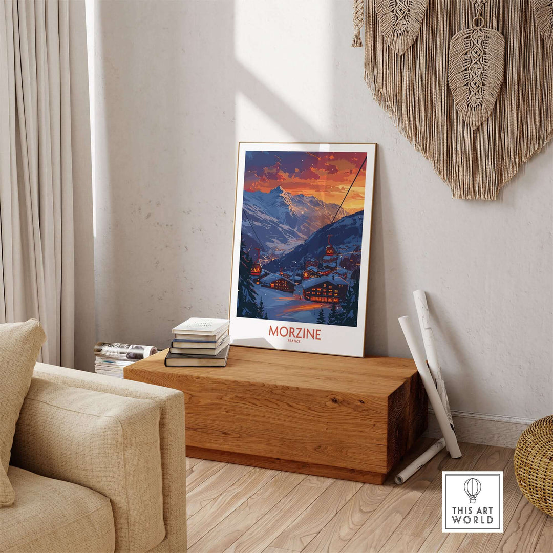 Morzine poster featuring a snowy French landscape, displayed in a cozy living room with natural light and bohemian decor.