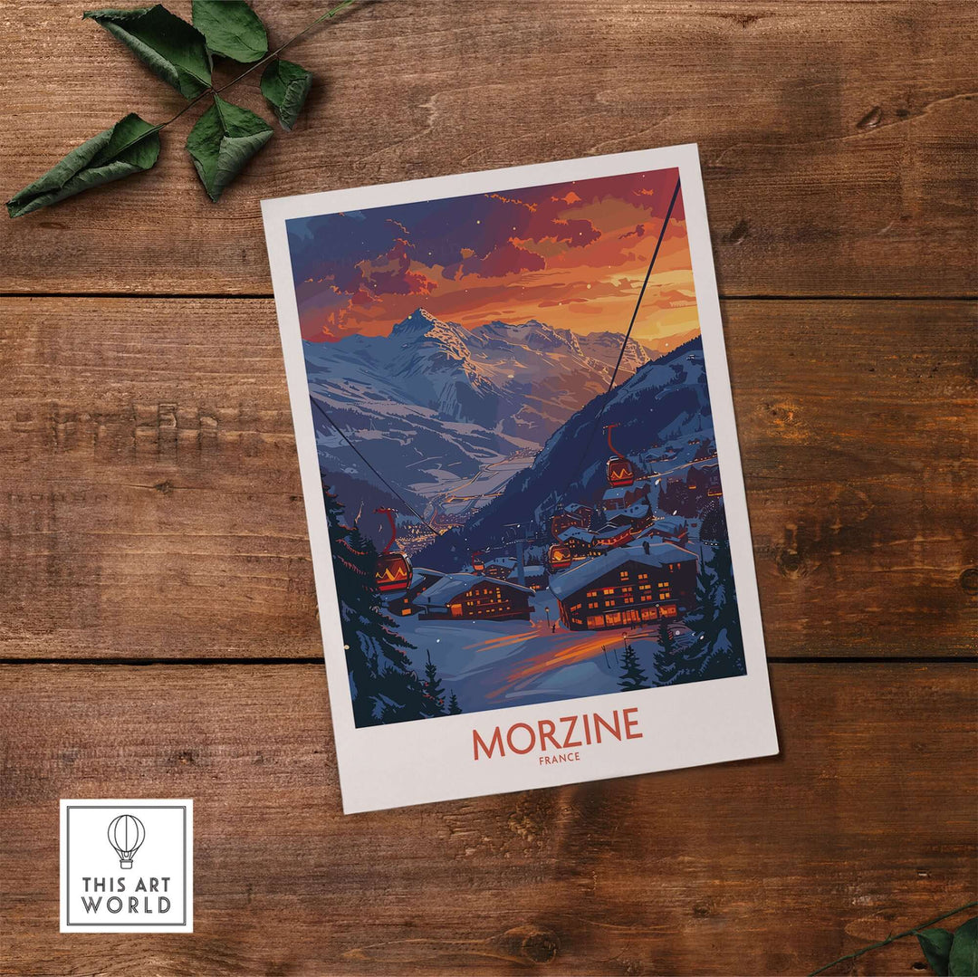 Morzine Poster France on wooden table, showcasing a scenic winter landscape with snowy mountains and a colorful sunset sky.