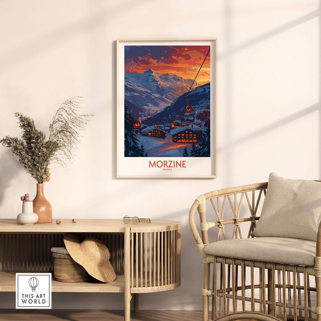 Morzine Poster France in stylish room with rattan chair and wooden console, showcasing sunset over mountain village art print