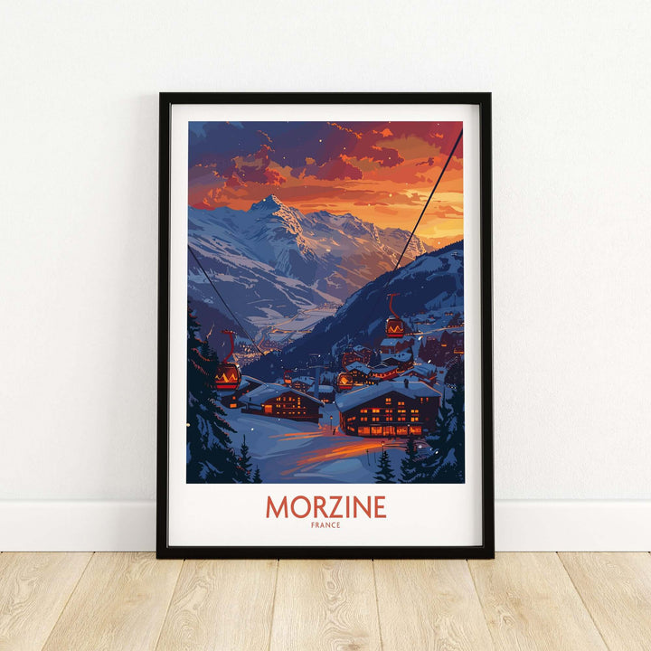 Morzine Poster France featuring a scenic winter view of ski resort mountains and village at sunset.