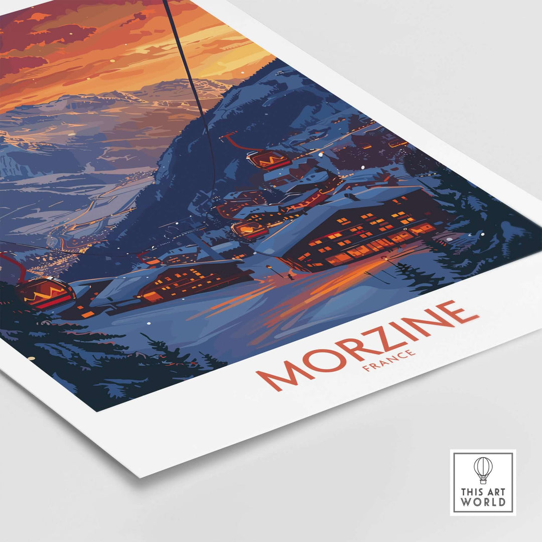 Scenic Morzine France poster featuring a snowy mountain village at sunset, perfect for winter enthusiasts and travel lovers.