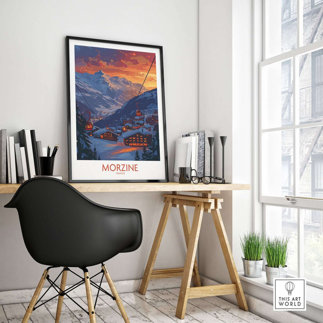 Morzine Poster France in modern home office with mountain sunset scene, stylish decor, and rustic desk by window.