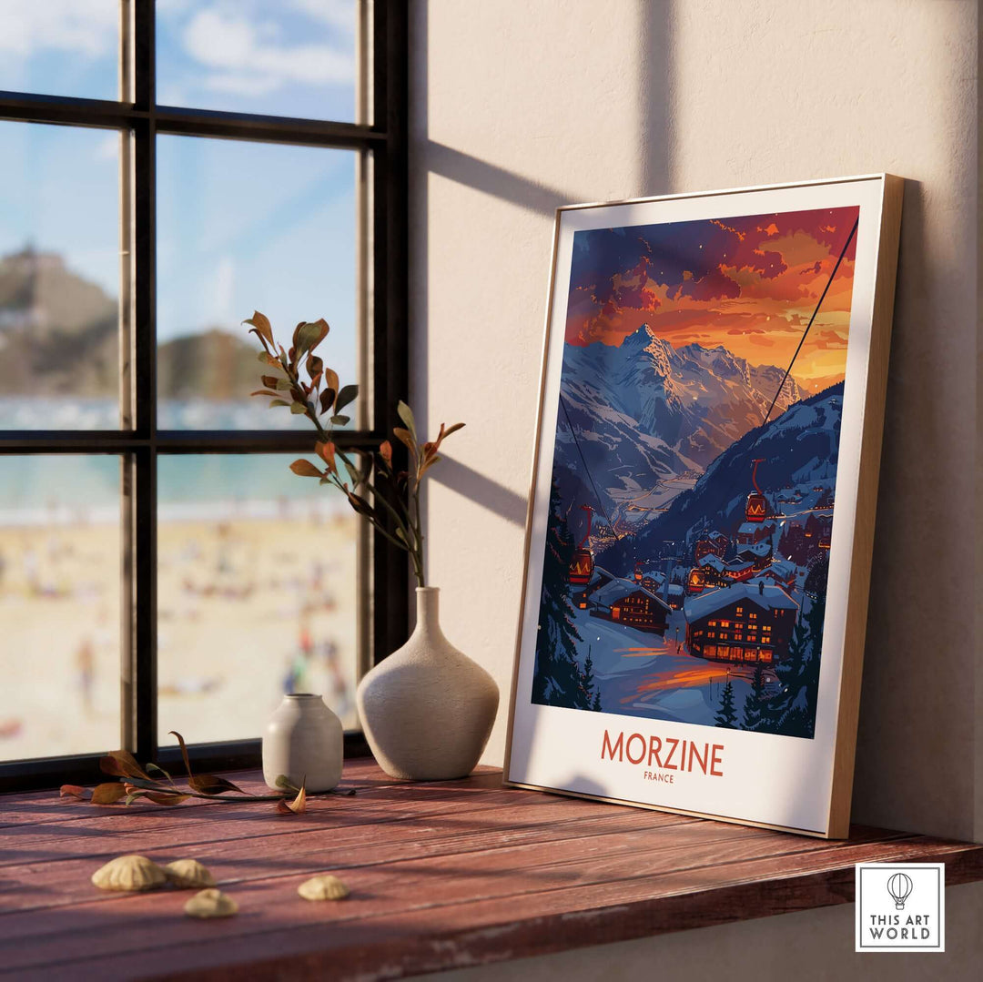 Framed Morzine poster in a bright room, showcasing a scenic view of France's mountainous landscape, with decorative vases nearby.