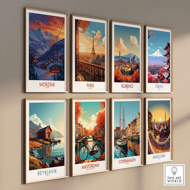 Gallery wall featuring travel posters of Morzine, Paris, Florence, Tokyo, Reykjavik, Amsterdam, Copenhagen, and Barcelona.