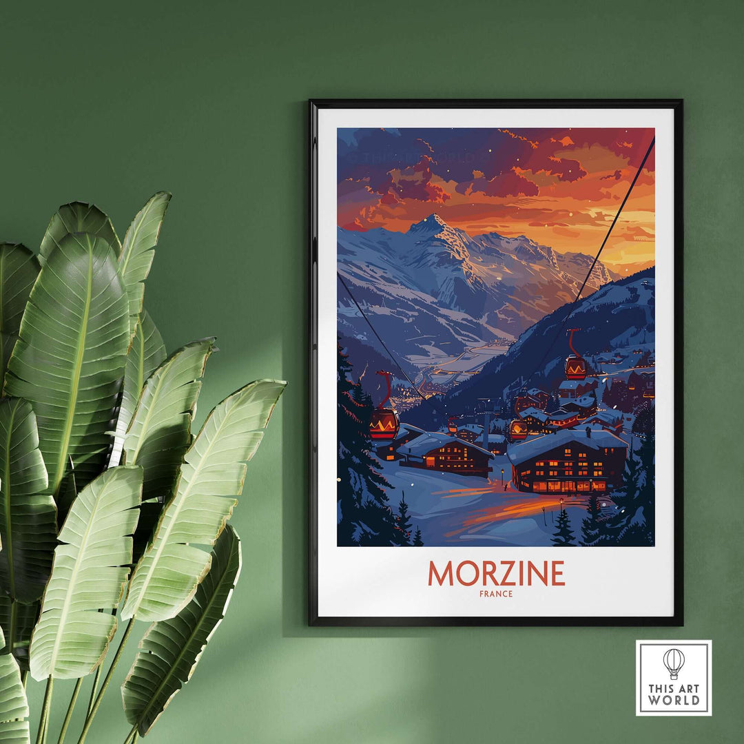 Scenic Morzine France poster featuring snowy mountains and a sunset sky, displayed on a green wall with lush plant decor.