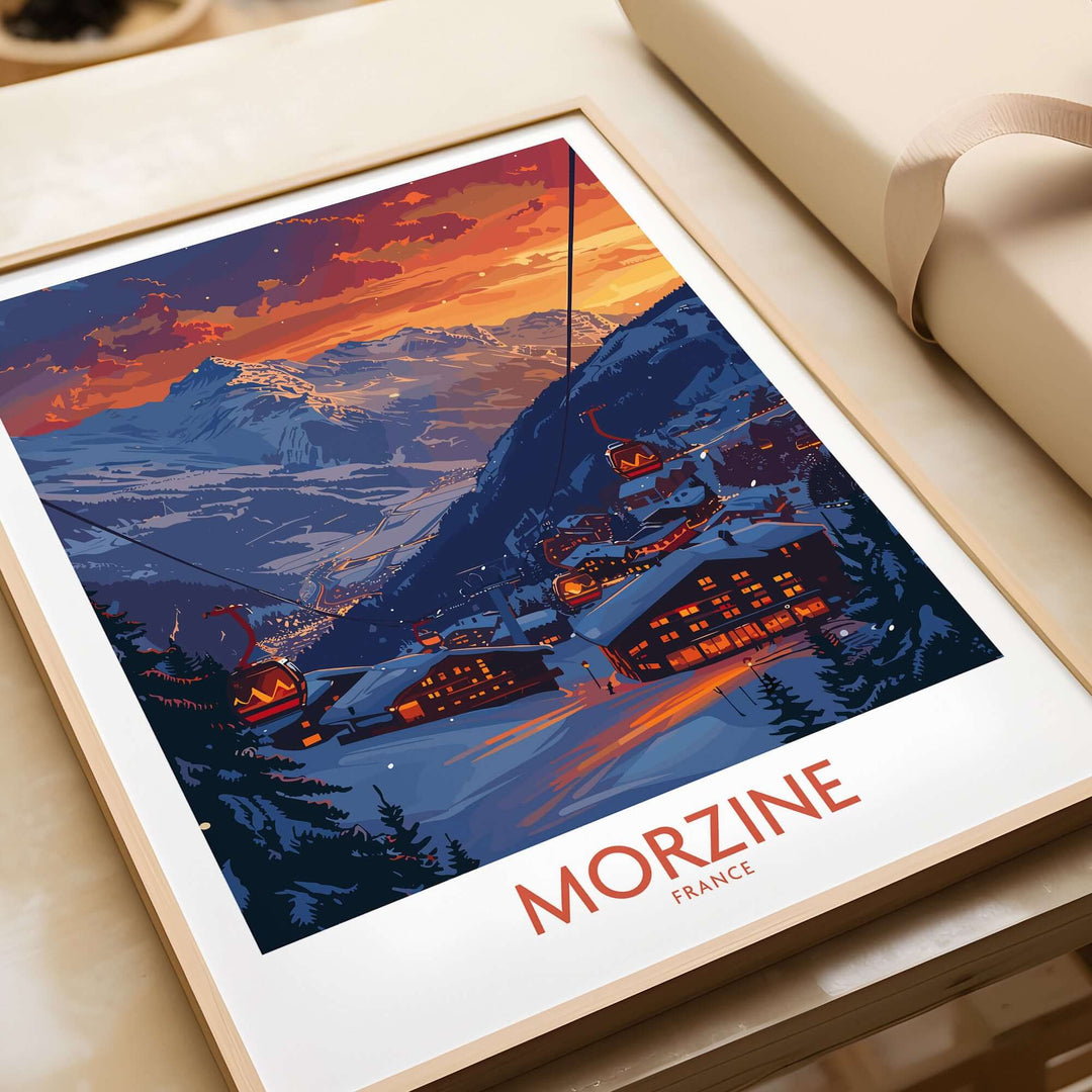 Morzine Poster France featuring a snowy mountain village scene at sunset, showcasing vibrant colors and a cozy alpine atmosphere.