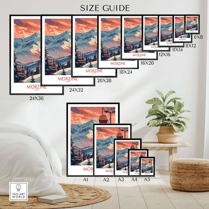 Morzine Poster Size Guide - Ski Print France with various dimensions displayed on a wall next to a plant and chair