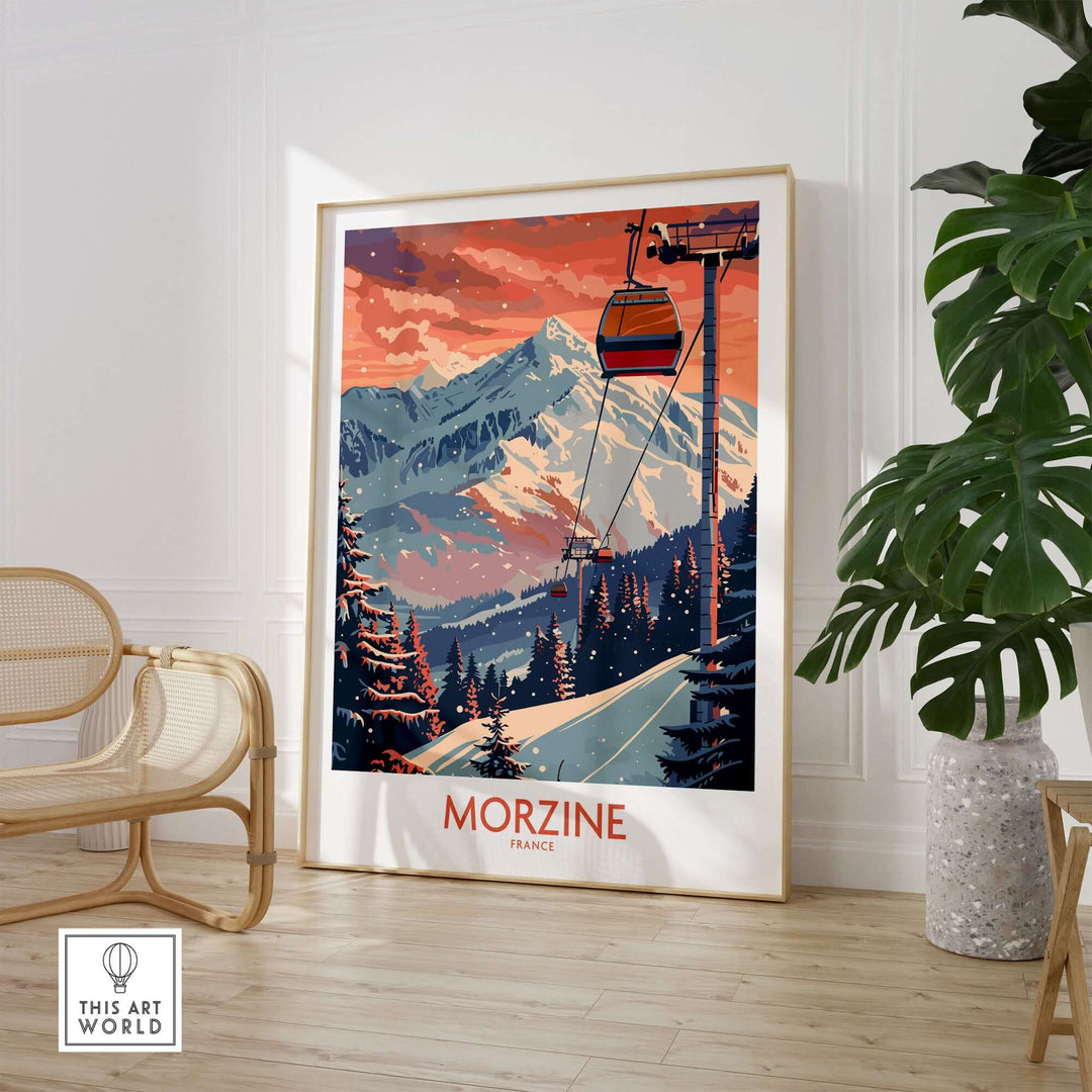 Vintage Morzine ski poster featuring a scenic cable car and mountain view in France, perfect for winter sports enthusiasts.