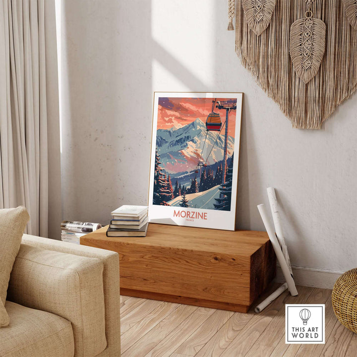 Vintage Morzine ski poster print displayed in a cozy living room, featuring a cable car and snowy French Alps at sunset.