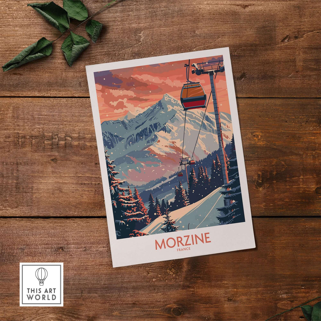 Vintage Morzine ski poster featuring snow-covered mountains and ski lift in France, displayed on a rustic wooden background.