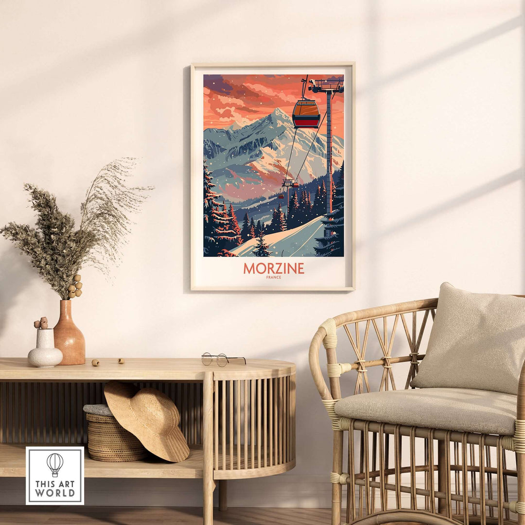 Morzine ski poster featuring a vibrant mountain scene, perfect for France travel enthusiasts and winter sports lovers.