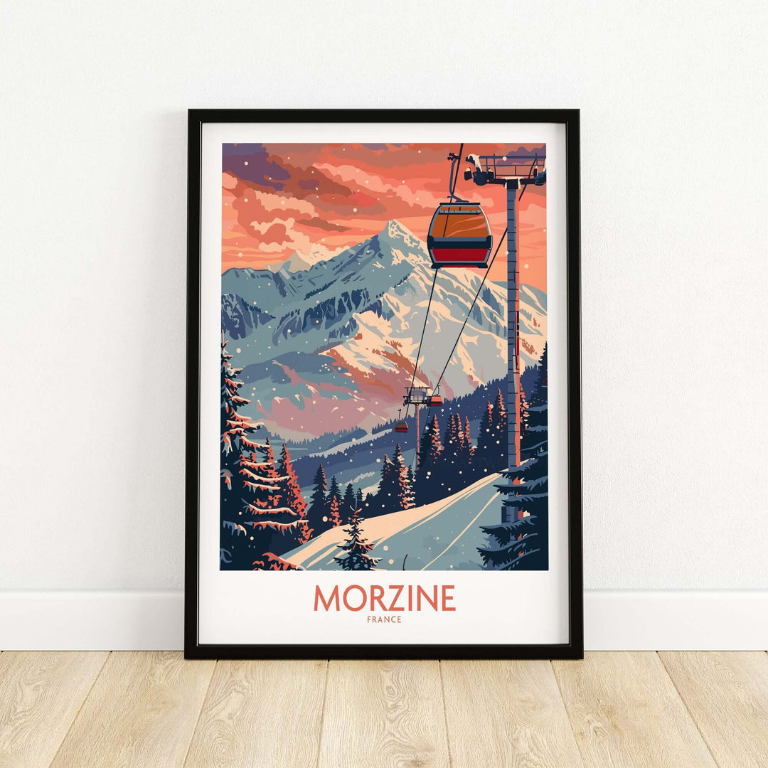 Morzine ski poster featuring cable car and snowy mountains in France, vibrant sunset colors, displayed in a black frame.