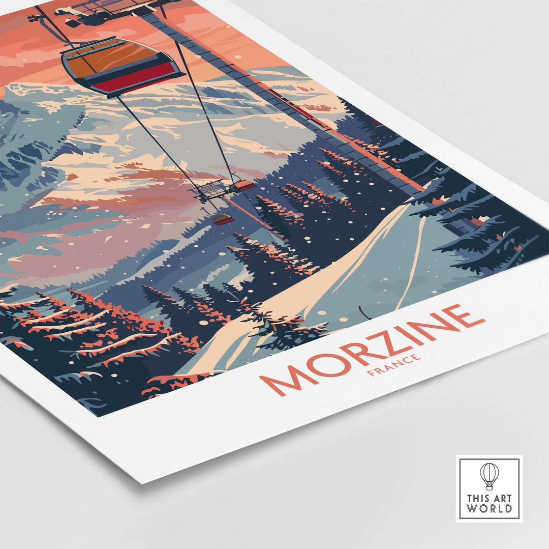 Vintage Morzine ski poster featuring a snowy mountain landscape and ski lift, perfect for travel lovers and winter sports enthusiasts.