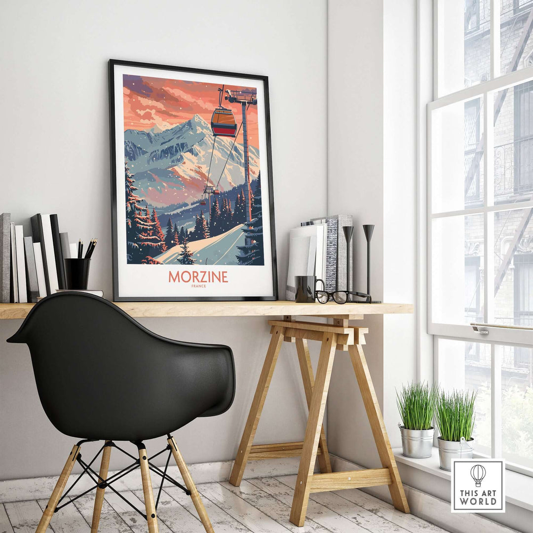 Morzine ski poster featuring a scenic winter landscape, perfect for decorating modern home offices with stylish French art prints.