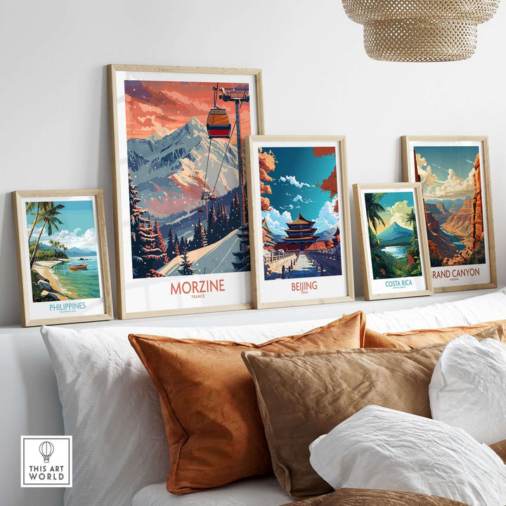 Collection of framed travel posters featuring Morzine ski print, Beijing, Philippines, Costa Rica, and Grand Canyon landscapes.