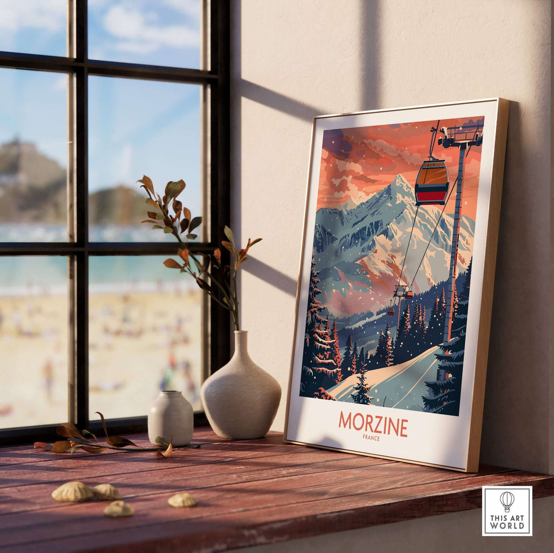 Framed Morzine ski poster with scenic mountain view and cable car, displayed on windowsill with vases, art print for home decor.