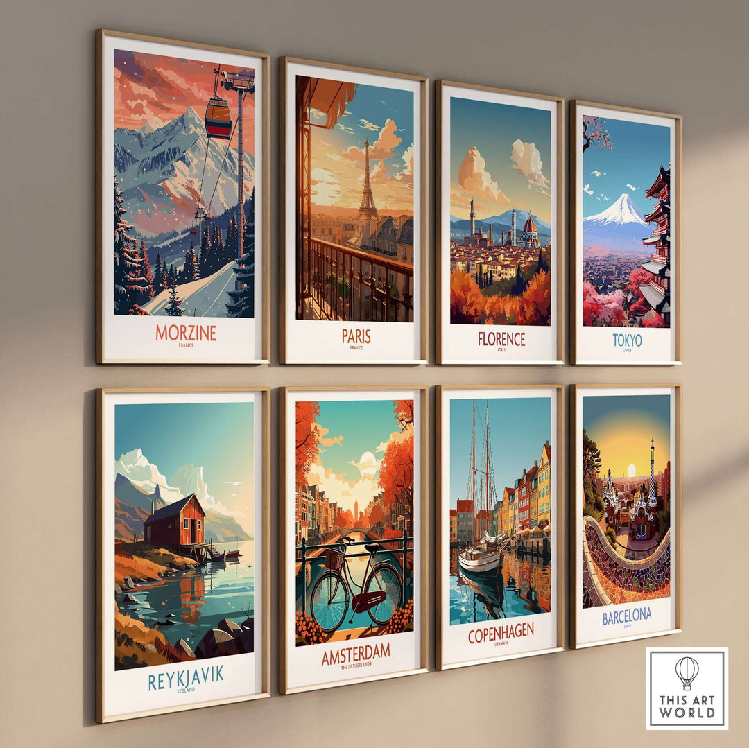 Collection of travel posters featuring Morzine, Paris, Florence, Tokyo, Reykjavik, Amsterdam, Copenhagen, and Barcelona.