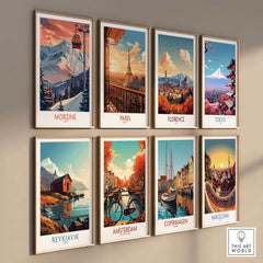 Collection of travel posters featuring Morzine, Paris, Florence, Tokyo, Reykjavik, Amsterdam, Copenhagen, and Barcelona.