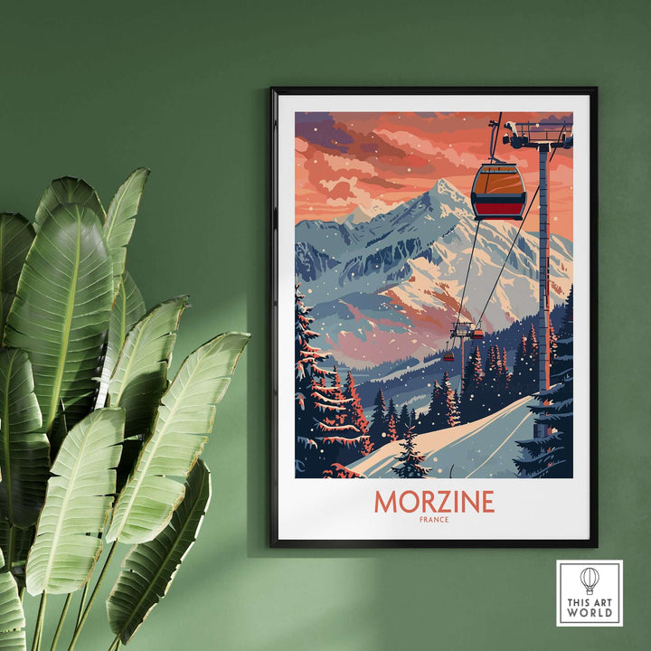 Morzine ski poster featuring a scenic view of snow-covered mountains and a ski lift in France, perfect for winter sports enthusiasts.