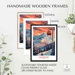 Morzine ski print in handmade wooden frames with natural, white, and black options, featuring sustainably sourced materials.