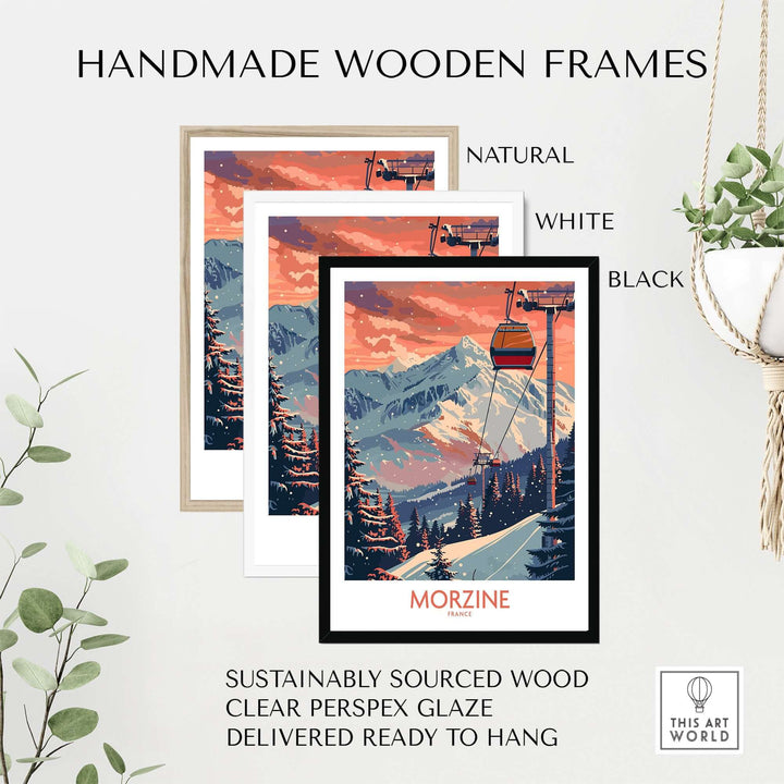 Morzine ski print in handmade wooden frames with natural, white, and black options, featuring sustainably sourced materials.