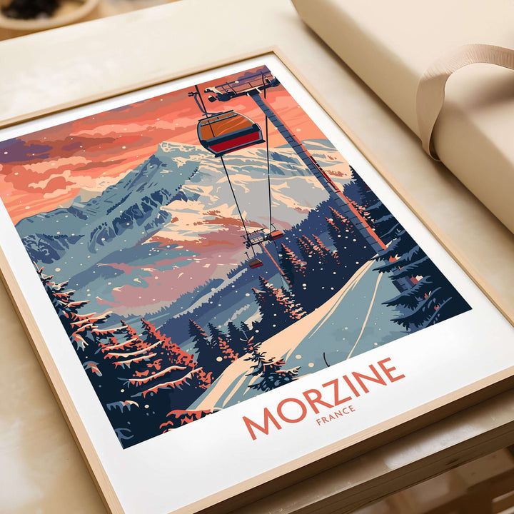 Morzine ski print featuring a winter landscape and cable car in France, perfect for wall decor and skiing enthusiasts.