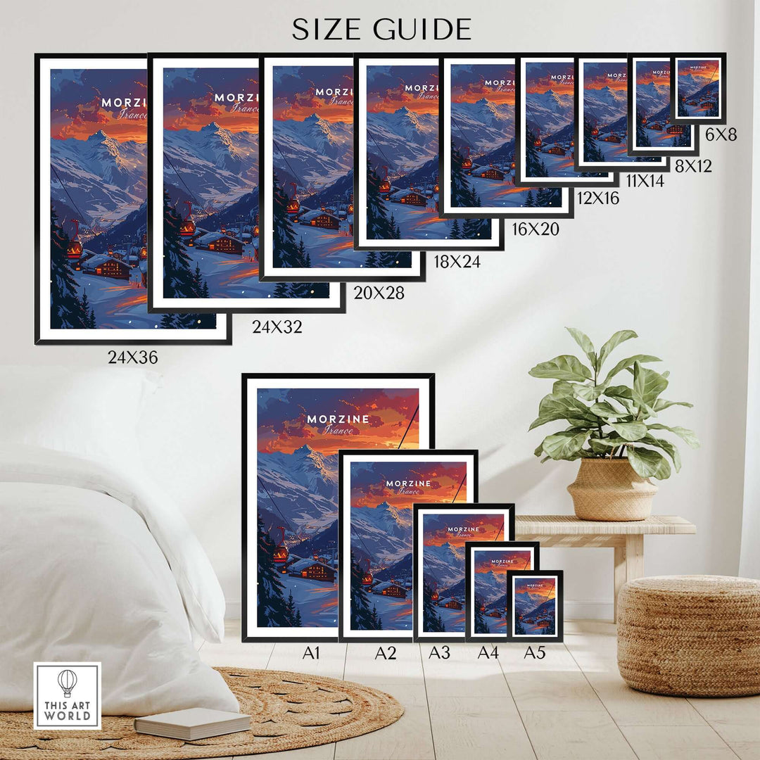 Morzine Print France Ski Poster Size Guide in Various Dimensions, Art Displayed in Bedroom with Plant Decor.