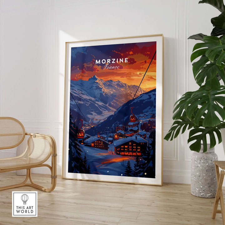 Framed Morzine France ski poster with sunset mountain view, displayed in a modern room with plant and chair.