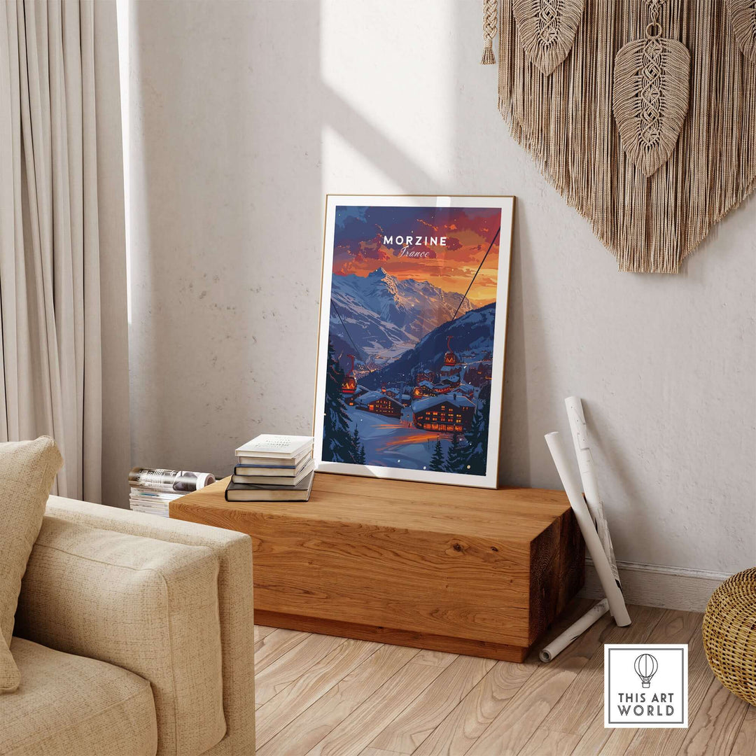 Morzine Print France - Ski poster displayed on wooden bench in cozy room setting with textured wall hanging.