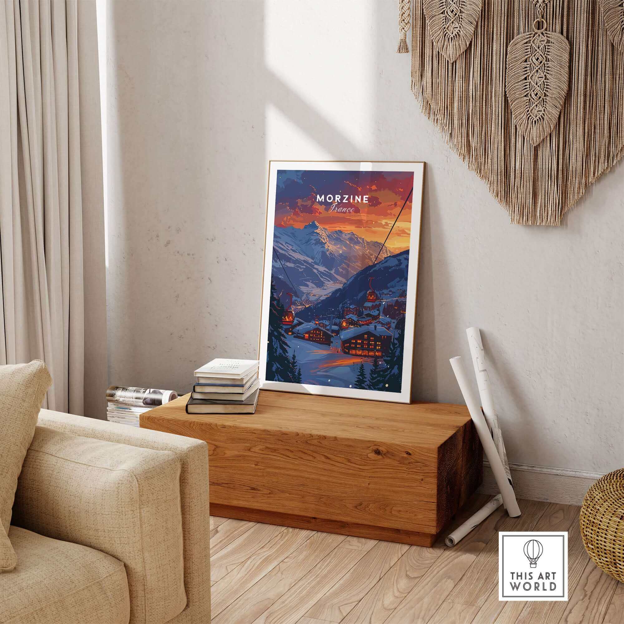 Morzine Print France - Ski poster displayed on wooden bench in cozy room setting with textured wall hanging.